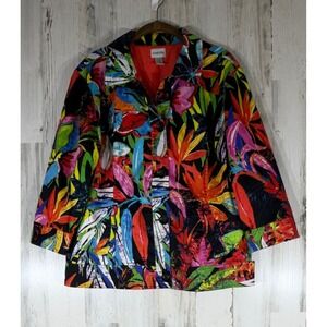 Chicos Button Up Jacket Blazer Size 3 XL Multicolor Tropical Floral Art to Wear